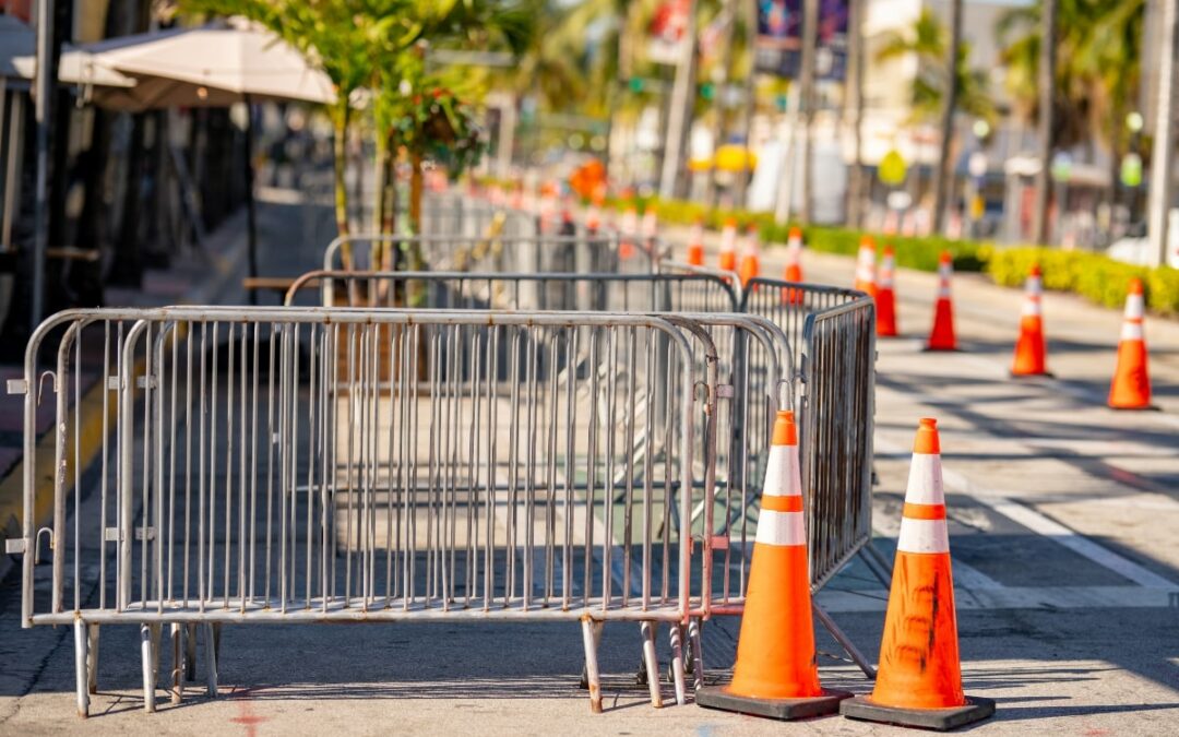 Crowd control barriers fencing off an area at an event.