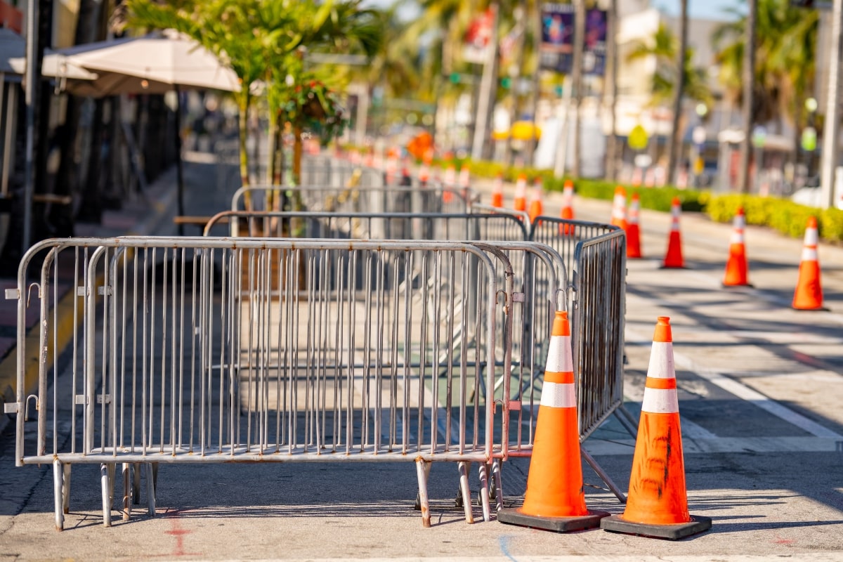 Crowd control barriers fencing off an area at an event.