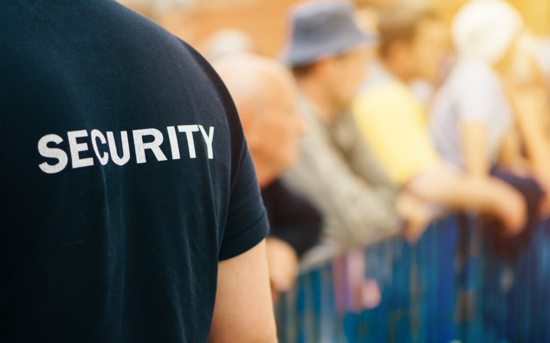 Security guard and crowd behind a pedestrian barrier at an event.