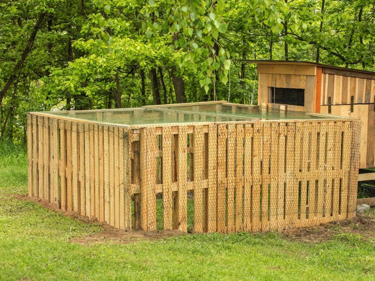 A homemade chicken coop made of natural wood and wire mesh, nestled in a lush green setting, providing a secure DIY pet barrier for poultry.