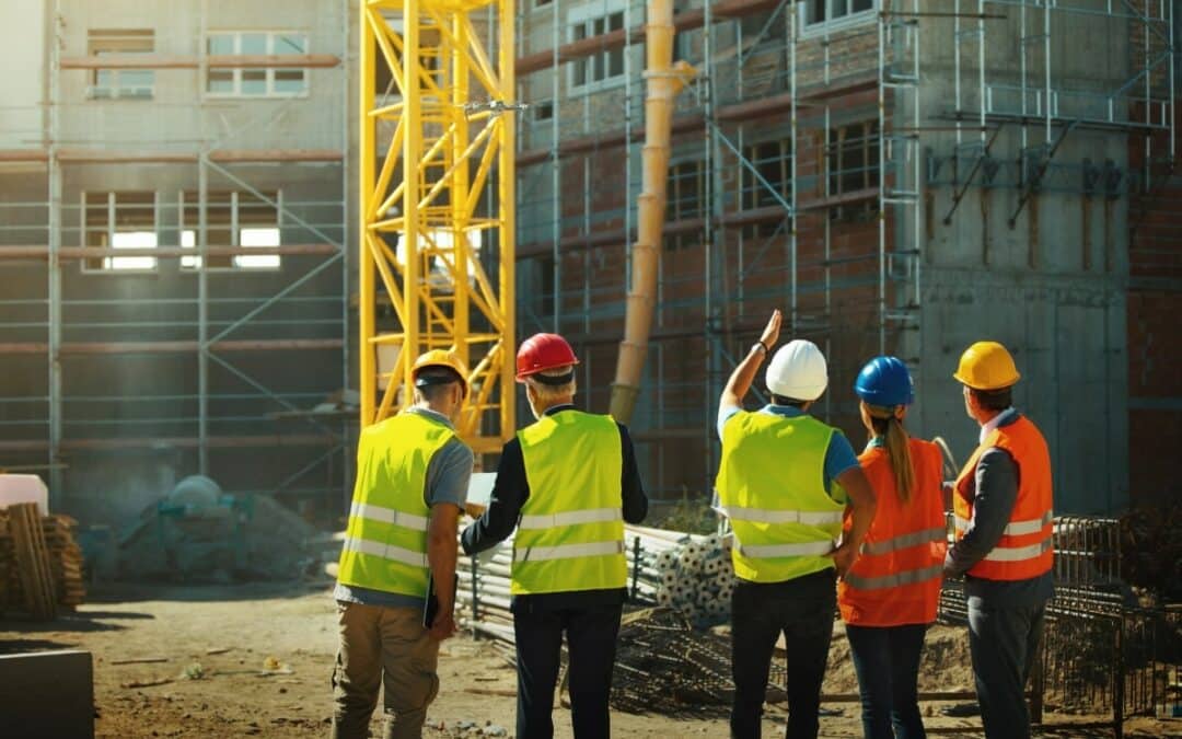 Five construction workers standing and observing the site.