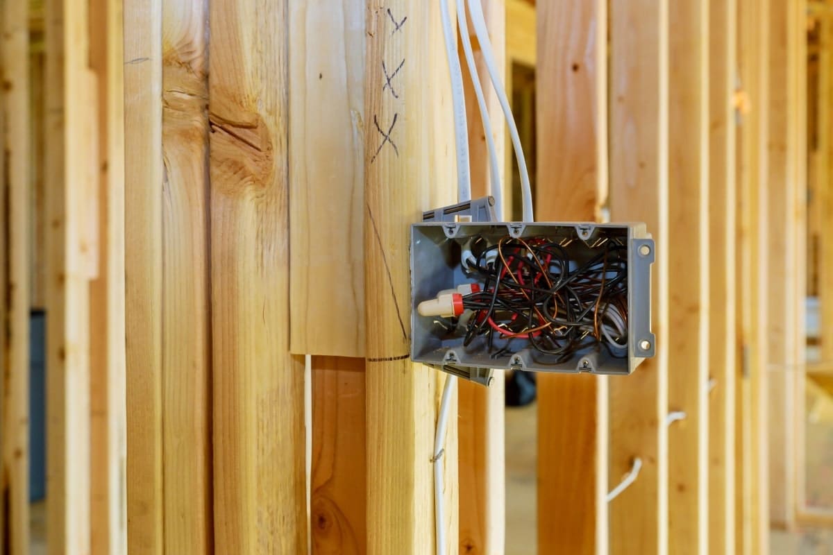 Detailed image of electrical installation within a timber frame structure, indicative of the fixing stage in the building stages of a house.