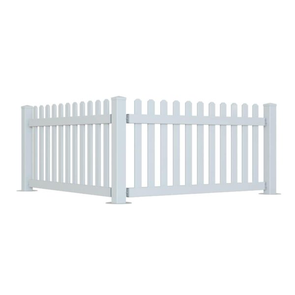 White picket fence corner formation, with panel, posts and feet.